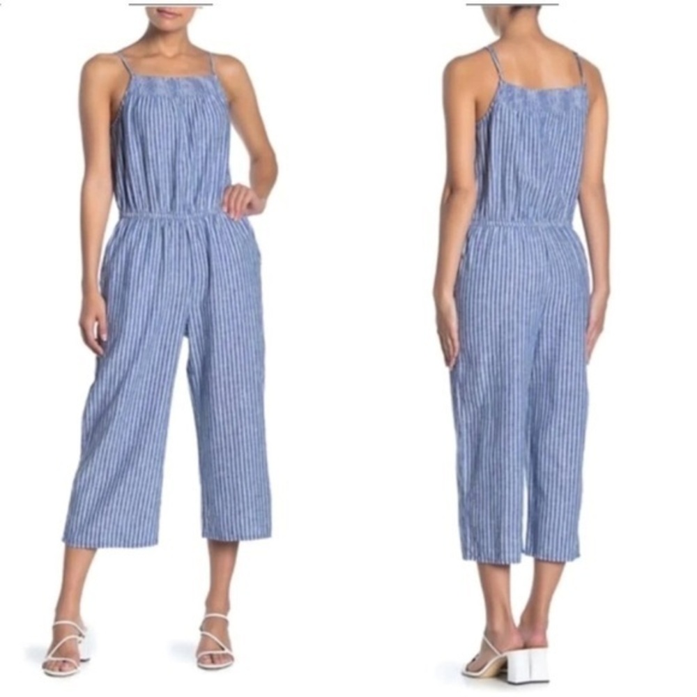 Beach Lunch Lounge Linen Blend Chambray
Striped Sleeveless Jumpsuit Blue